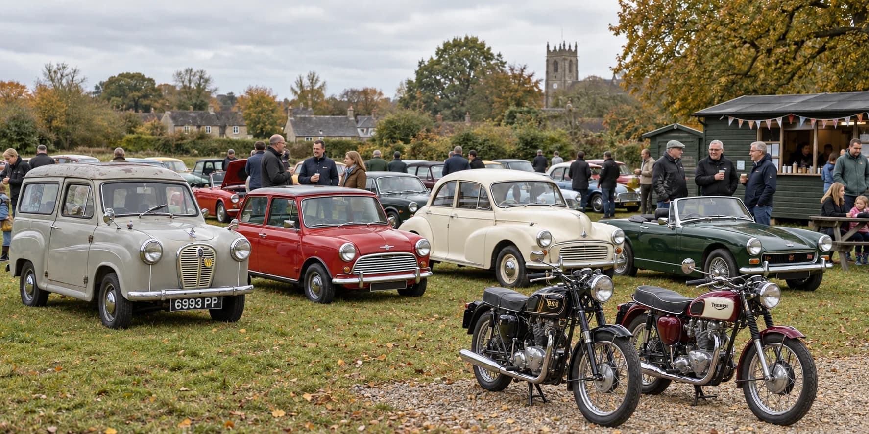 An imagined weekend meet with Fred the Austin A35 van, a Mini, Morris Minor, MG roadster and two classic motorcycles, with owners chatting beside a tea hut